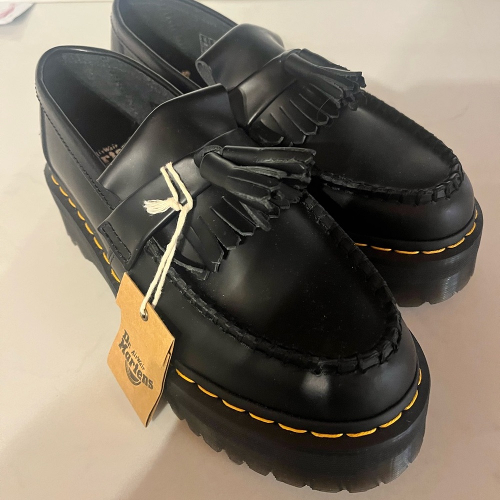 Dr. Martens Black Platform Tassel Loafers with Yellow Stitching
